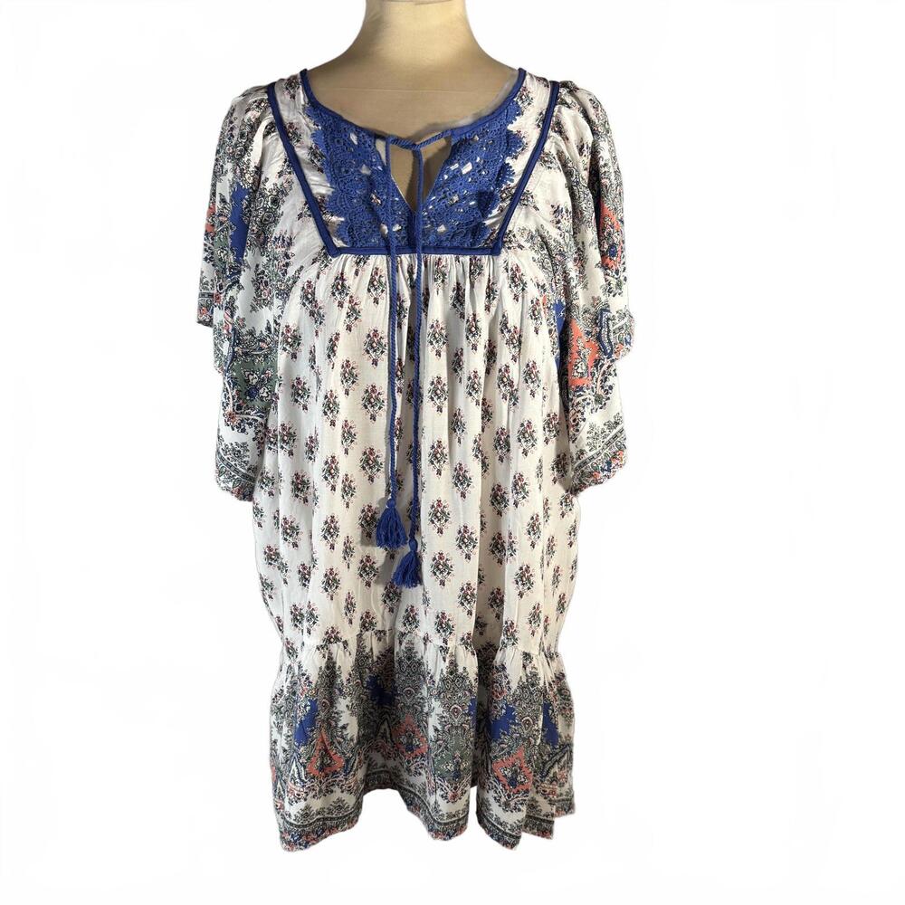 Black Rainn floral boho blouse blue crochet neckline sz XL